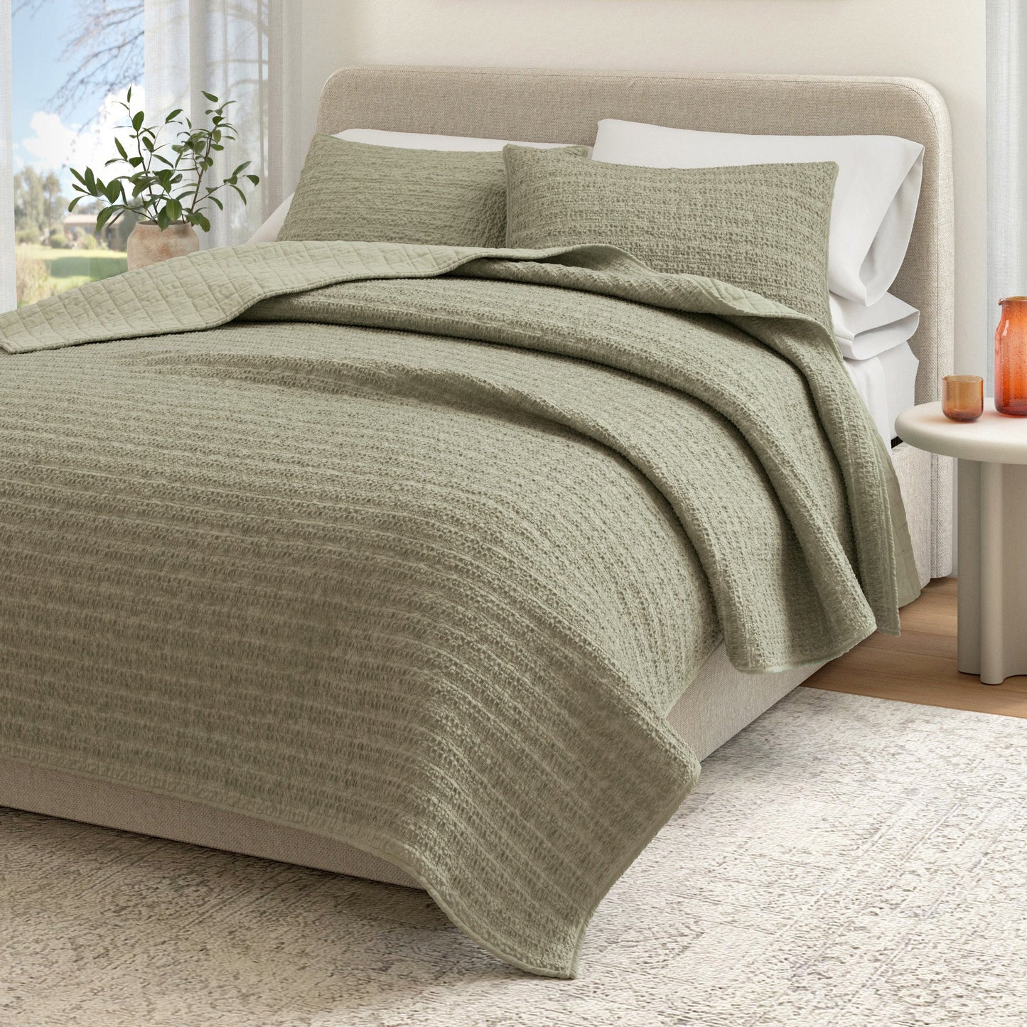100 Percent Cotton Honeycomb Waffle Quilt Set Garment Washed Genevieve Collection