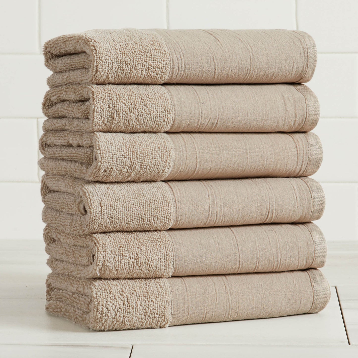 Priya Collection Six Piece Cotton Towel Set With Linen Like Border Zero Twist Combed Cotton